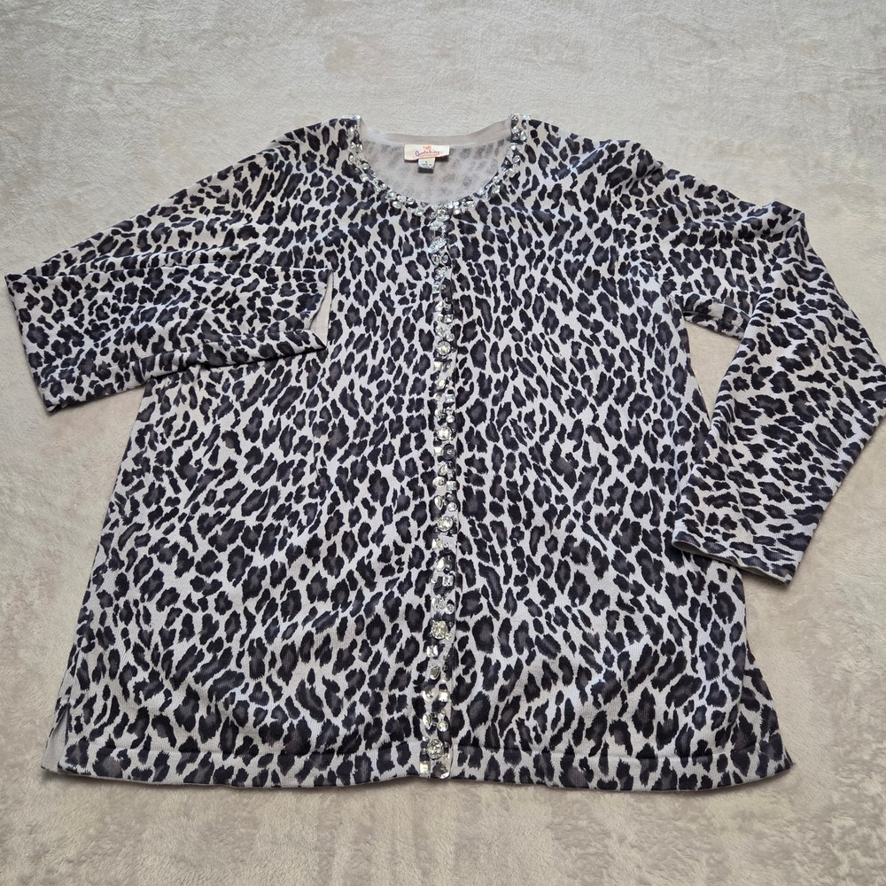 Quacker Factory Gray L Leopard Cardigan Sweater Bling Rhinestone Embellished